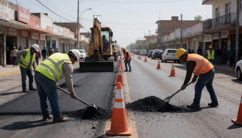 Trabajadores reparando la carpeta asfáltica de una avenida con conos y equipo de construcción en las calles