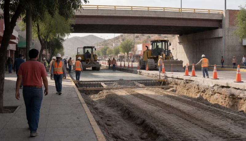 Zona de construcción con máquinas y trabajadores reparando una tubería subterránea en el boulevard JP II