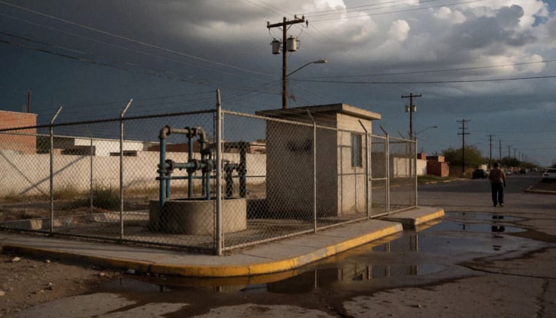 Estación de bombeo de agua con tuberías en las afueras de una ciudad desértica bajo nubes de tormenta al atardecer