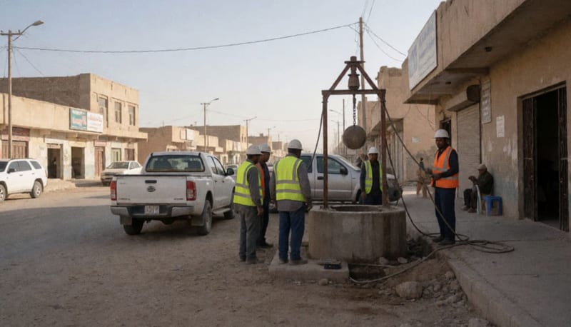 Trabajadores realizando tareas de limpieza en un pozo de agua en una calle de Camargo