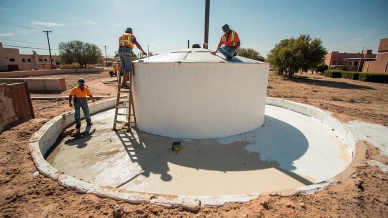 Trabajadores realizando labores de mantenimiento en un tanque de almacenamiento de agua blanco en una colonia desértica