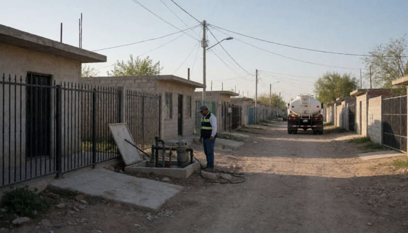 Trabajador de servicios de agua junto a tubería y equipos en una comunidad rural de Camargo