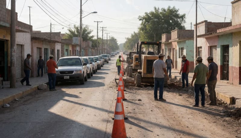Trabajadores realizando labores de mantenimiento en una calle con maquinaria y conos de seguridad