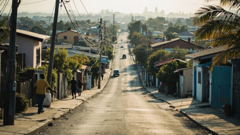 Casas residenciales con infraestructura de tuberías de agua visible en una calle de la ciudad
