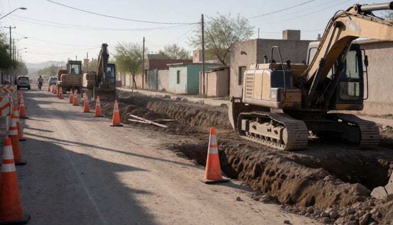 Maquinaria de construcción operando en trincheras profundas sobre una calle residencial del desierto