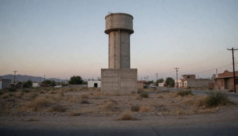 Tanque elevado de concreto en infraestructura hidráulica de localidad desértica del norte de México