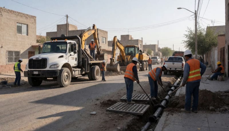 Equipos de trabajo y maquinaria pesada realizando reparaciones en tuberías de drenaje en una calle residencial