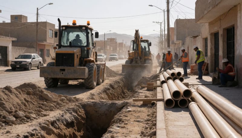 Maquinaria pesada y tuberías de PVC en una calle con excavaciones profundas durante trabajos de reparación de drenaje