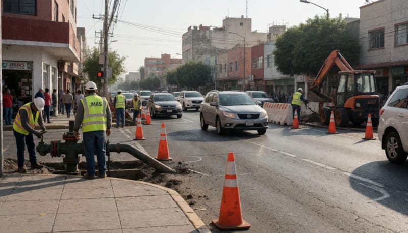 Cuadrilla de trabajadores reparando infraestructura de agua en intersección urbana con conos de seguridad