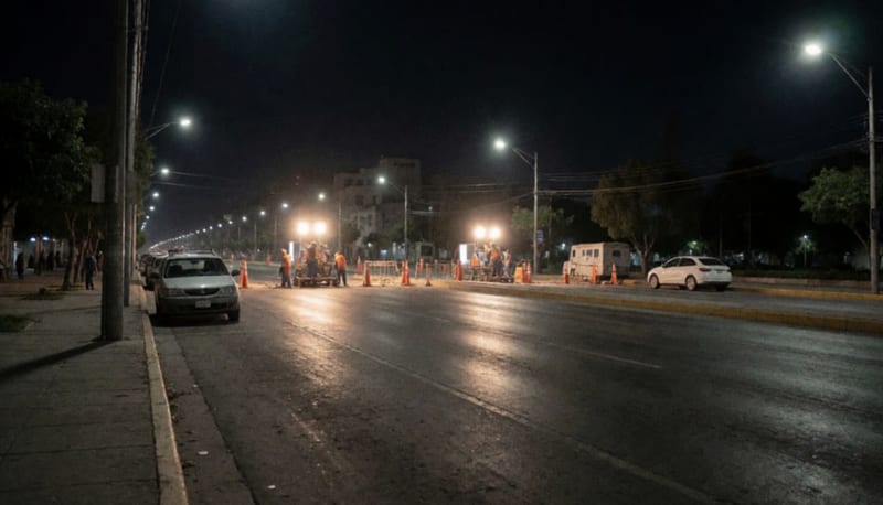 Cuadrilla trabajando de noche en reparación de fugas bajo iluminación artificial en avenida de alto tránsito