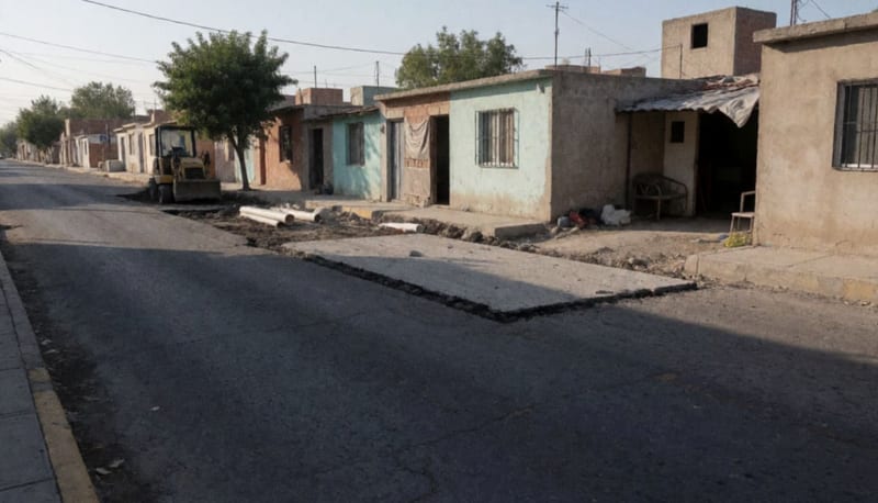 Zona de reparación de tuberías de drenaje en calle residencial con pavimento y equipos de construcción