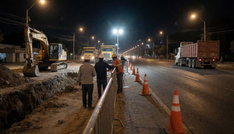 Maquinaria y obreros trabajando de noche junto a una zanja abierta en un cruce amplio, con focos y conos naranjas