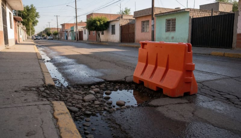 Barrera naranja delimitando un hundimiento con agua acumulada en una calle mojada de Ciudad Juárez