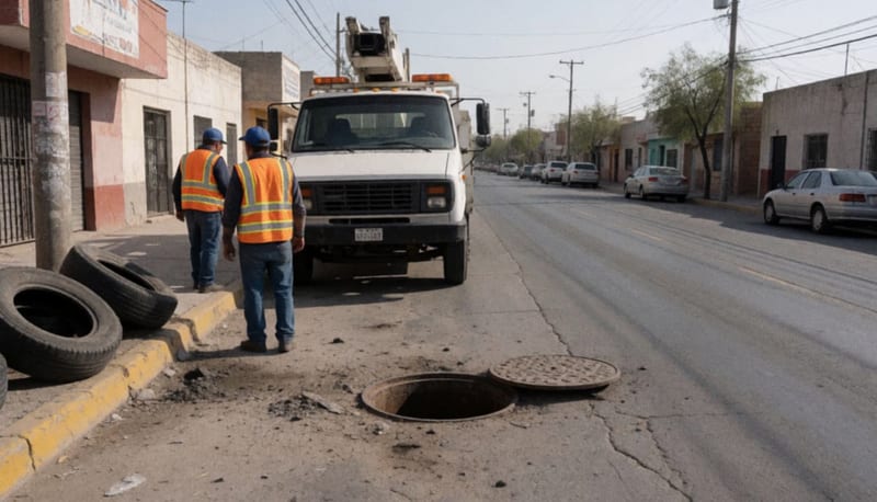 Calle de Ciudad Juárez con una alcantarilla abierta, un camión de servicio y llantas apiladas junto a la banqueta