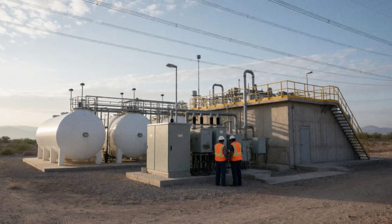Planta potabilizadora con trabajadores inspeccionando sistemas eléctricos en zona desértica de Camargo