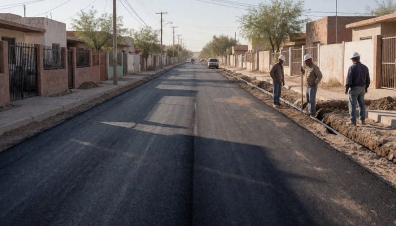 Calle recientemente rehabilitada con trabajadores junto a zanjas de infraestructura hidráulica y sanitaria en colonia del municipio
