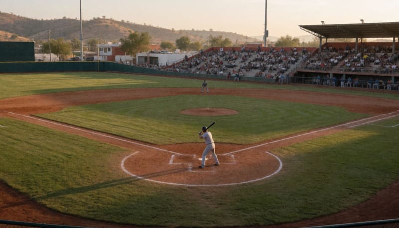 Bateador visto de espaldas en un diamante de beisbol al atardecer, con gradas lejanas y cerros secos al fondo