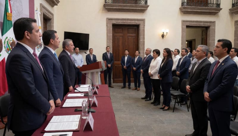 Hombres con traje en una ceremonia política formal dentro de un salón con banderas y documentos sobre la mesa