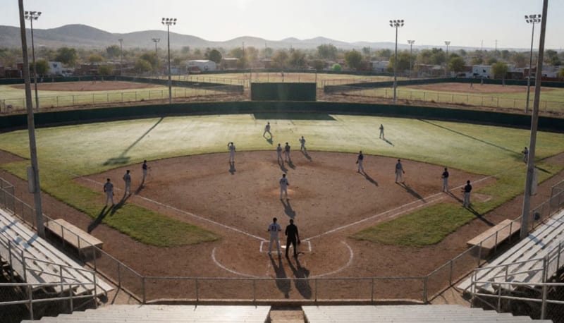 Cancha de softbol en Parral con equipos preparándose para disputar la jornada dominical