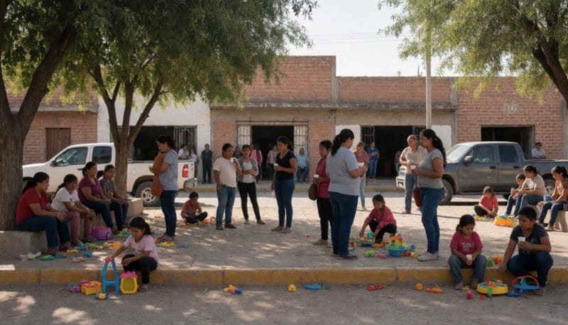 Familias reunidas en plaza principal compartiendo actividades recreativas bajo árboles de sombra en Delicias