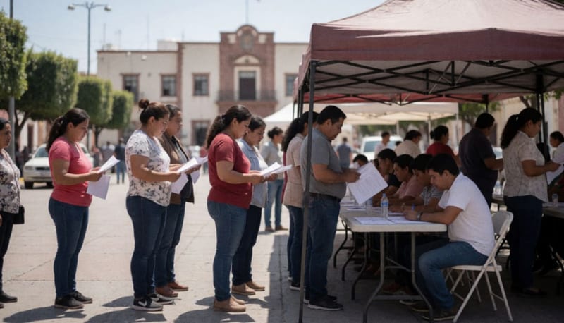Ciudadanos formados bajo una carpa en una plaza municipal para acceder a pruebas médicas gratuitas durante la mañana