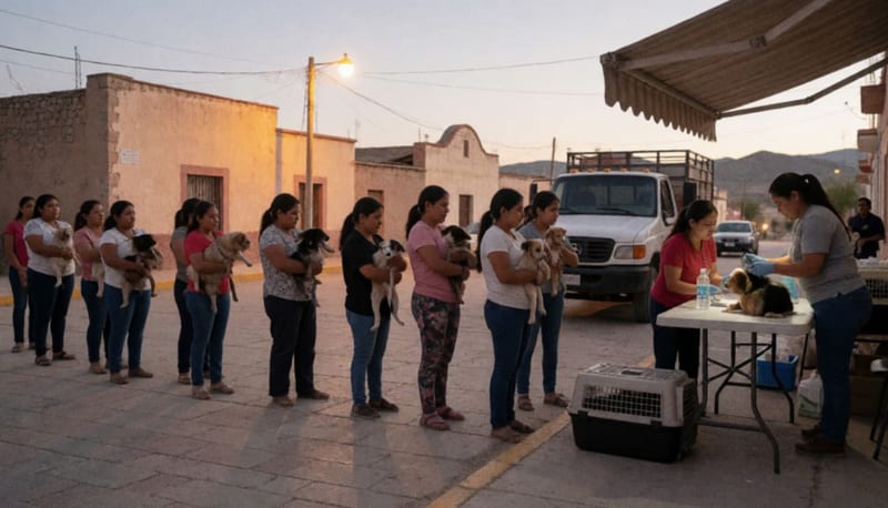 Familias en fila con sus mascotas en una plaza esperando atención veterinaria al atardecer