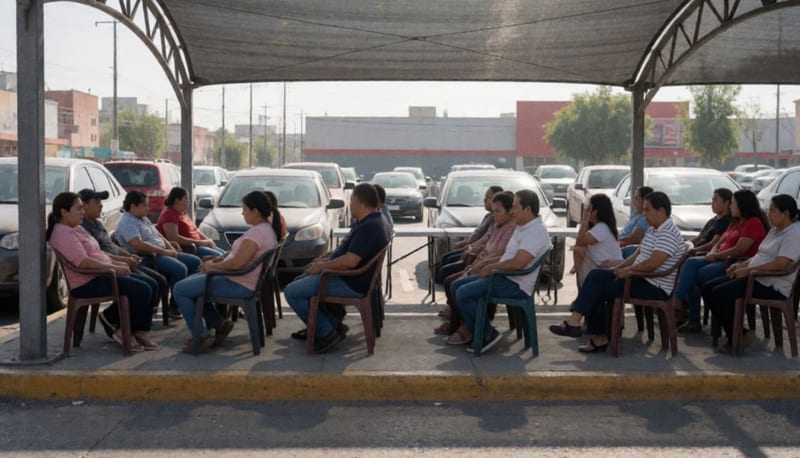 Personas esperando sentadas en sillas de plástico bajo un toldo junto a un estacionamiento, en una mañana soleada