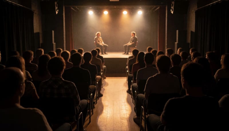 Público sentado en una pequeña sala de teatro mirando un escenario tenue con luces ámbar y actores a lo lejos