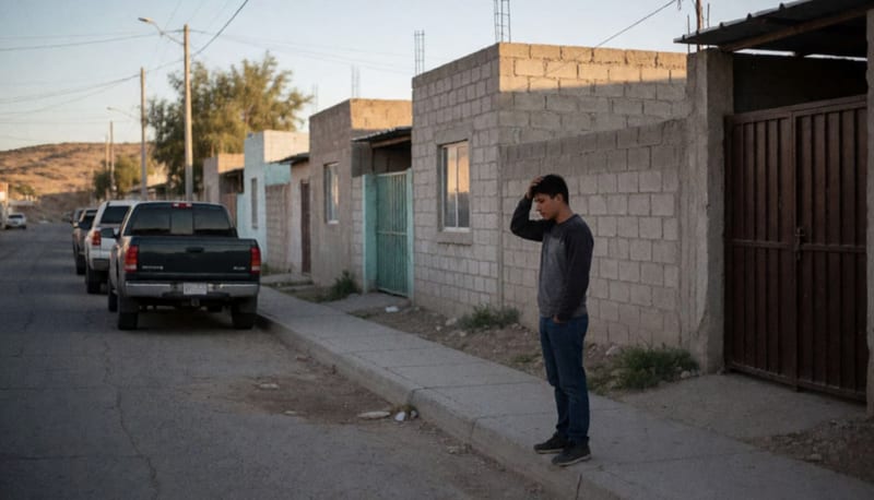 Joven con heridas en la cabeza parado en una calle residencial del norte de México