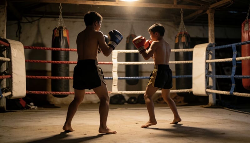 Dos jóvenes peleadores practican Muay Thai en un ring con costales colgando al fondo y luz cálida