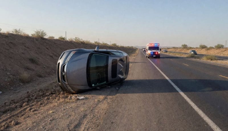 Automóvil Honda volcado sobre la carretera federal con daños visibles en la estructura y luces de emergencia al fondo