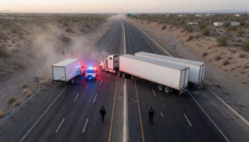 Tráiler con doble remolque detenido en diagonal sobre una autopista junto a un camión dañado, con luces rojas y azules sobre el asfalto