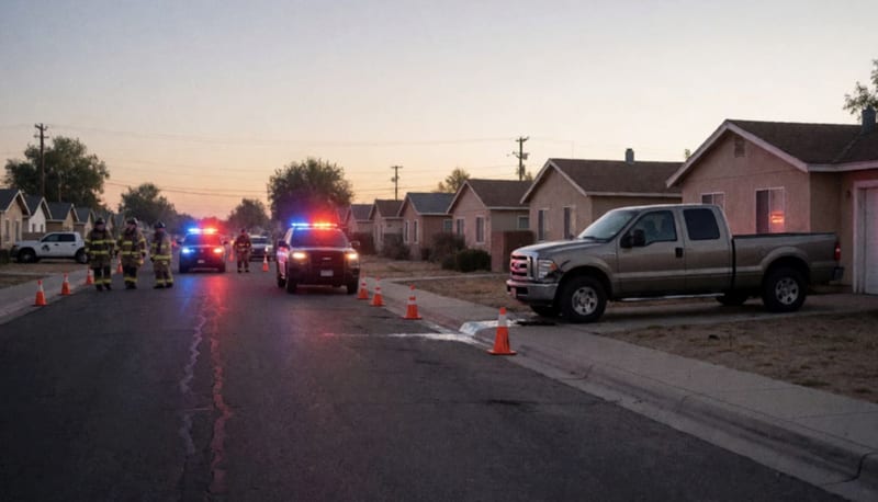 Camioneta dañada en una cochera residencial rodeada de elementos de emergencia en Camargo