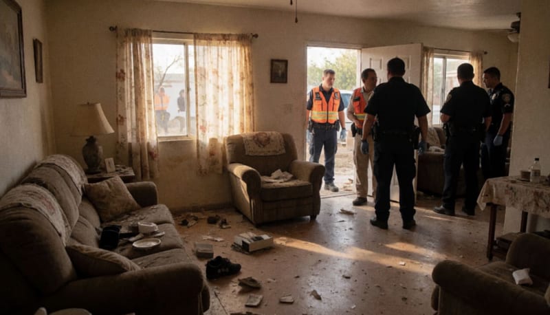 Escena de violencia dentro de una vivienda con muebles volcados y signos de confrontación física