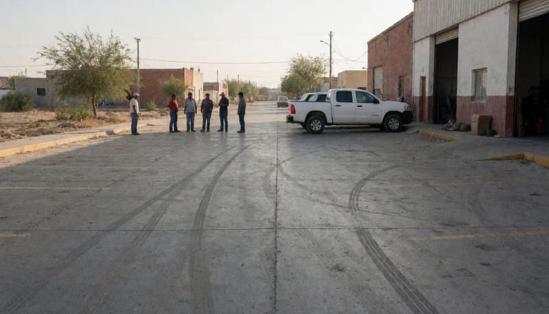 Estacionamiento de una zona comercial con trabajadores en la tarde, edificios de negocios al fondo
