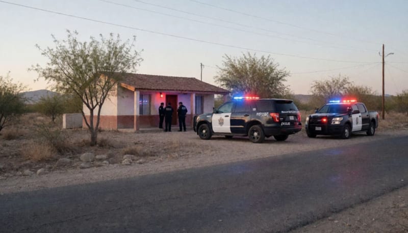 Vehículos de seguridad estacionados frente a un domicilio rural en la región de Delicias, durante diligencias de investigación