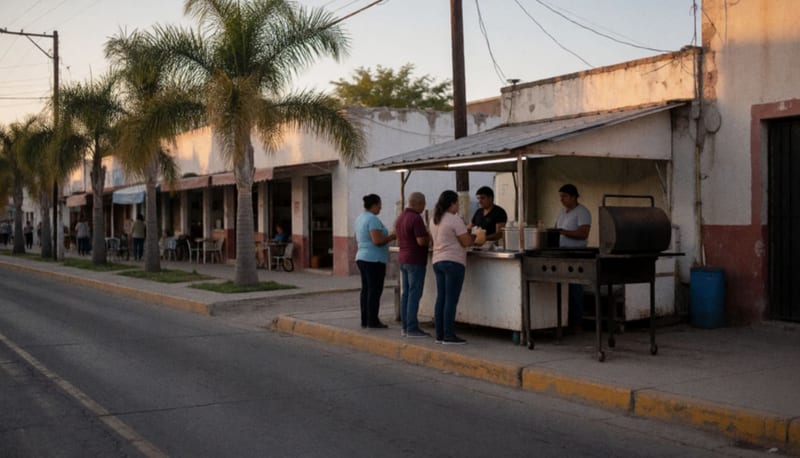 Puesto de venta de hamburguesas en la avenida de una ciudad del norte de México al atardecer