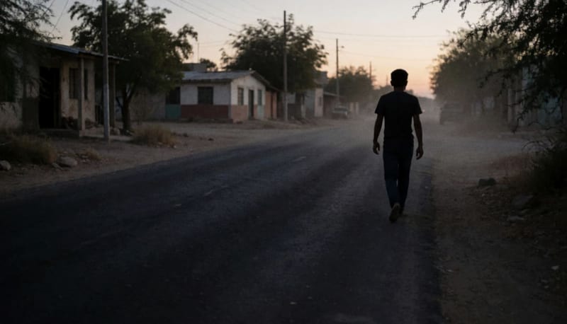 Joven caminando descalzo por un camino rural al atardecer en la región de Camargo