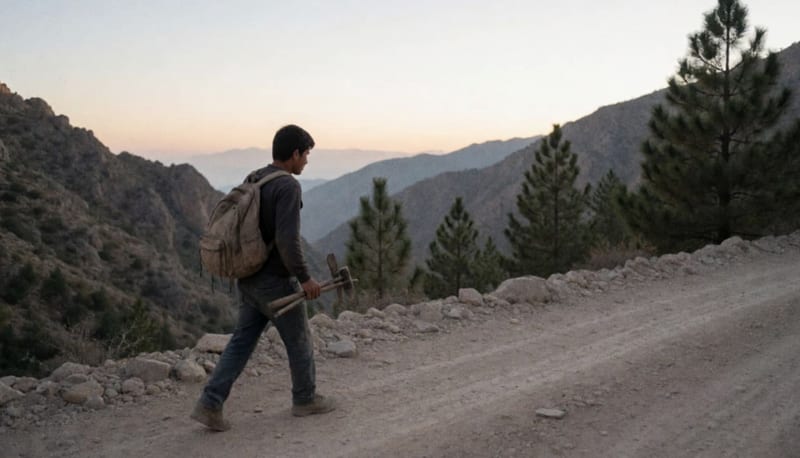 Joven caminando por un camino de terracería en la sierra de Chihuahua al atardecer