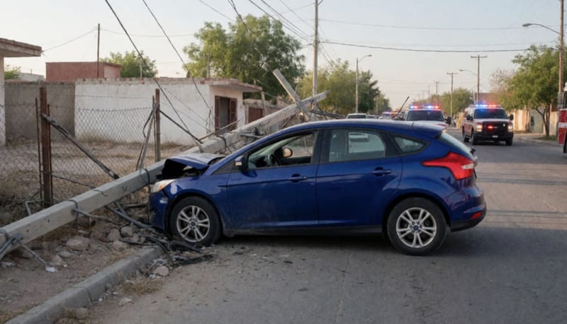 Automóvil azul dañado tras impactar contra un poste de electricidad en una intersección residencial