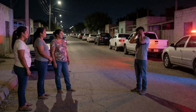 Joven en una calle residencial al norte de la ciudad con luces de emergencia iluminando la zona