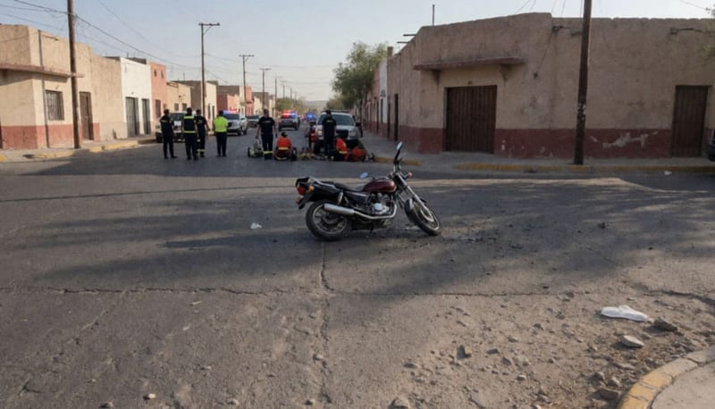 Escena de accidente vehicular en una calle de Parral con restos de motocicleta y servicios de emergencia