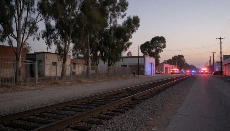 Vías ferroviarias en una zona industrial de Chihuahua con luces de emergencia iluminando el lugar al atardecer