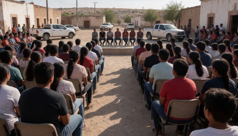 Jóvenes reunidos en asamblea comunitaria bajo el sol de una plaza de Parral