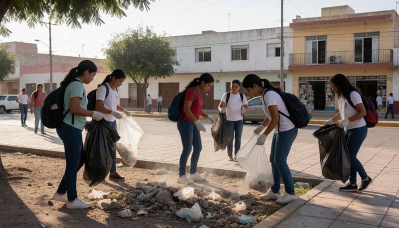 Jóvenes realizando labores de limpieza en una plaza pública de Camargo durante la tarde