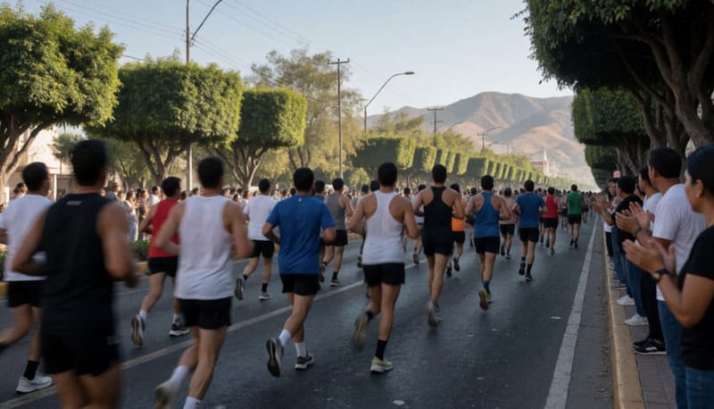 Grupo numeroso de corredores avanza por una avenida arbolada al amanecer con cerros al fondo y espectadores en la banqueta