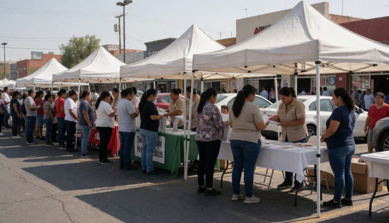 Ciudadanos formados en fila ante módulos de atención de la JMAS en estacionamiento de centro comercial bajo toldo blanco