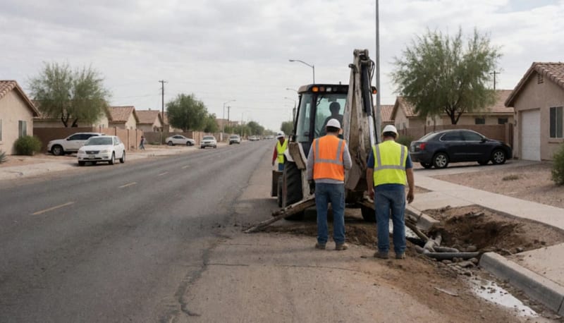 Cuadrilla con maquinaria reparando una tubería en una calle con lodo tras las lluvias