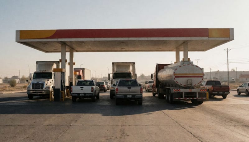 Camiones de carga y camionetas haciendo fila en una gasolinera de una ciudad fronteriza bajo el sol de la tarde