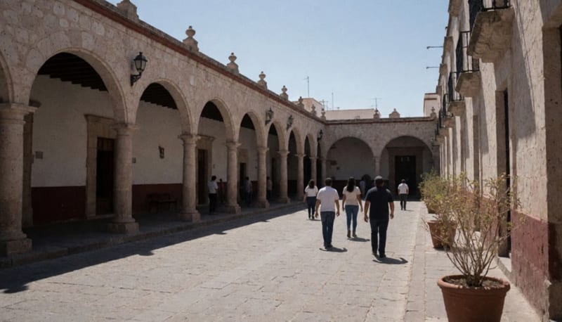 Patio de un palacio municipal con arcos de piedra y algunas personas caminando a lo lejos